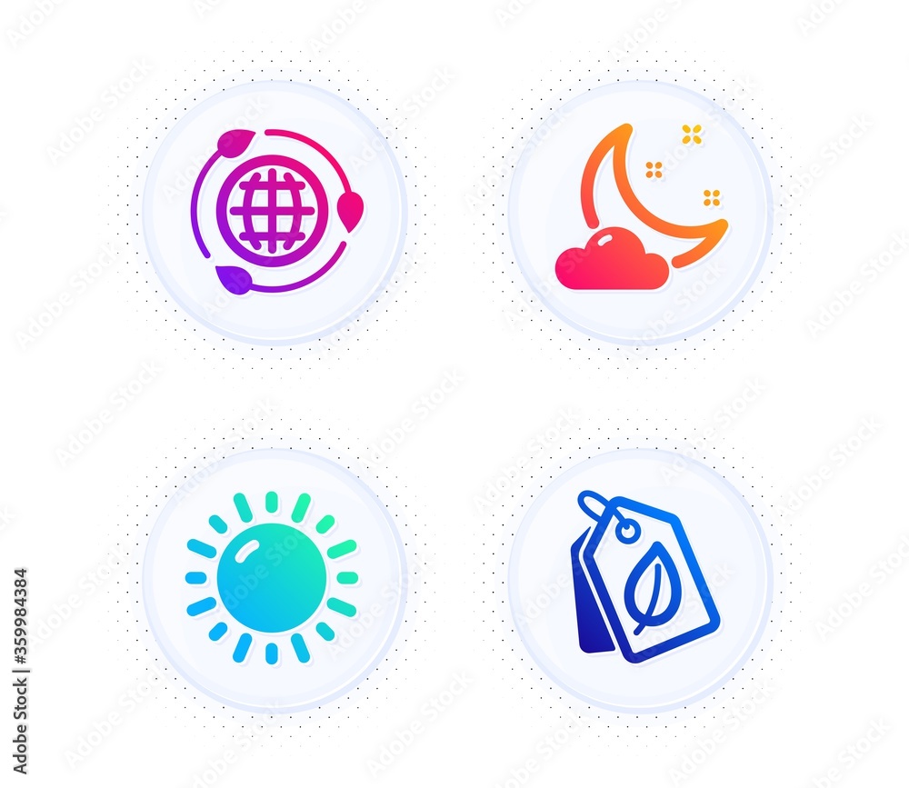 Night weather, Sunny weather and Eco energy icons simple set. Button with halftone dots. Bio tags sign. Sleep, Sun, Ecology. Leaf. Nature set. Gradient flat night weather icon. Vector