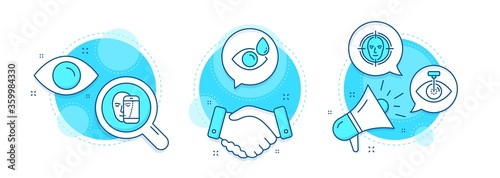 Eye laser, Face detect and Face biometrics line icons set. Handshake deal, research and promotion complex icons. Eye drops sign. Optometry clinic, Select target, Facial recognition. Vector