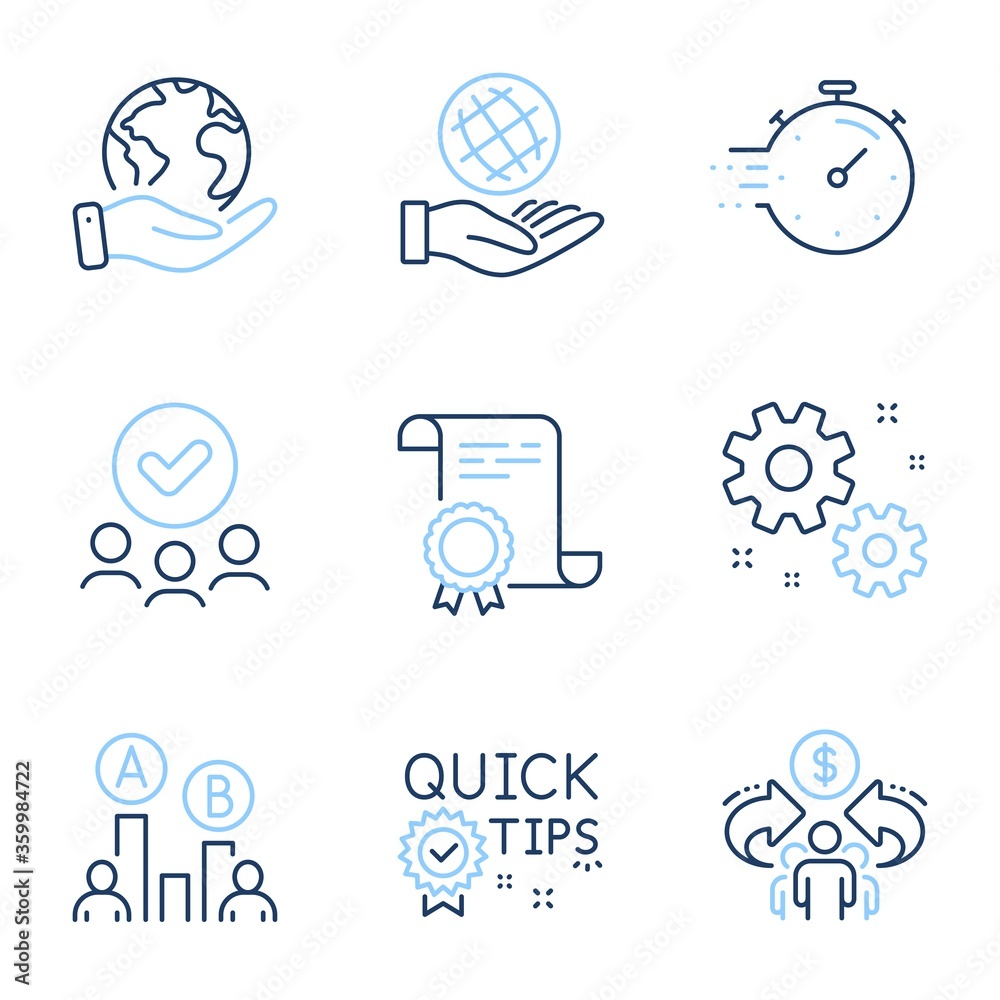 Timer, Work and Sharing economy line icons set. Diploma certificate, save planet, group of people. Safe planet, Ab testing and Quick tips signs. Deadline management, Settings, Share. Ecology. Vector