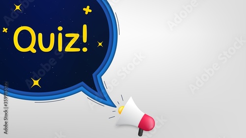 Quiz symbol. Megaphone banner with speech bubble. Answer question sign. Examination test. Loudspeaker with chat bubble. Night stars concept. Quiz promotion text. Social media banner. Vector