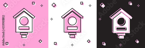 Set Bird house icon isolated on pink and white, black background. Nesting box birdhouse, homemade building for birds.  Vector