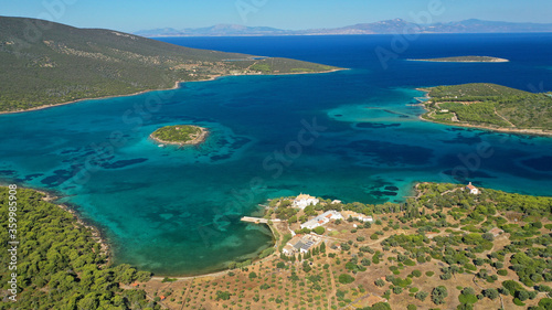 Aerial photo of beautiful bay with turquoise clear open ocean sea in Caribbean exotic destination