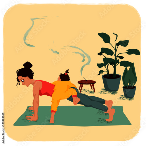 Vector illustration of motherhood funny side. A female is trying to do yoga and she thought-out everything but a curious child. The kid wants to climb   mothers back and do some strength training. 