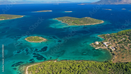 Aerial photo of beautiful bay with turquoise clear open ocean sea in Caribbean exotic destination