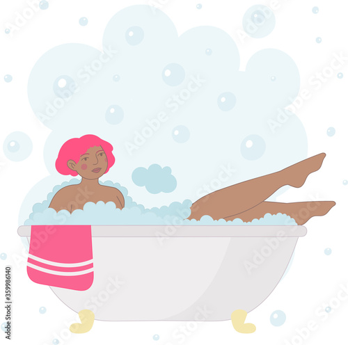 Smiling woman lying in bathtub full of soap foam. Happy female cartoon character taking bath and relaxing. Relaxation during hygienic or spa procedure. Colorful vector illustration in flat style.