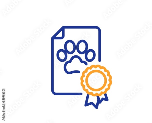 Dog competition certificate line icon. Pets award sign. Champion winner medal symbol. Colorful thin line outline concept. Linear style dog certificate icon. Editable stroke. Vector