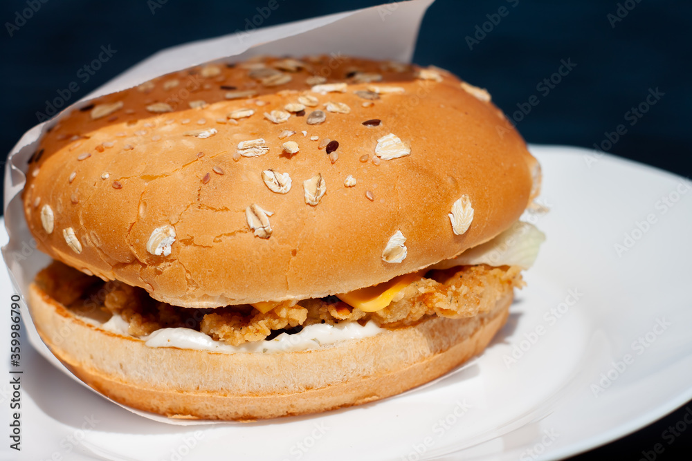 a mouth-watering Burger with a cutlet on the plate. bun with seeds a mouth-watering Burger with a cutlet on the plate. bun with seeds