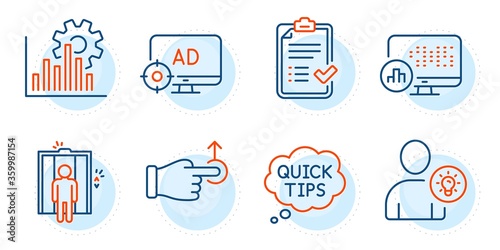 User idea, Seo graph and Elevator signs. Drag drop, Seo adblock and Quick tips line icons set. Approved checklist, Report statistics symbols. Move, Search engine. Technology set. Vector