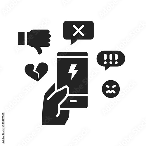 Cyberbullying victim hand holding smartphone black glyph icon. Abuse, internet, hate concept. Social media insult. Sign for web page, mobile app, button, logo