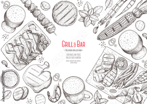 Grill and bar menu design template. Grilled meat and vegetables top view frame. Vector illustration. Engraved design. Hand drawn illustration. Pub food poster.