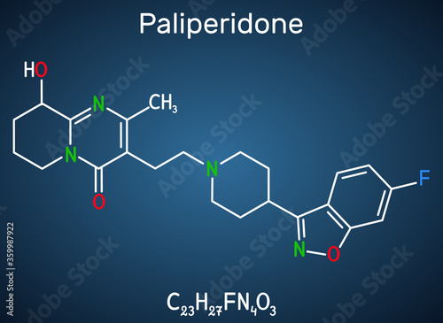 Paliperidone, 9-Hydroxyrisperidone molecule. It is atypical antipsychotic agent that is used in the treatment of schizophrenia. Structural chemical formula on the dark blue background