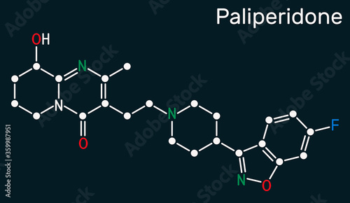 Paliperidone, 9-Hydroxyrisperidone molecule. It is atypical antipsychotic agent that is used in the treatment of schizophrenia. Skeletal chemical formula on the dark blue background