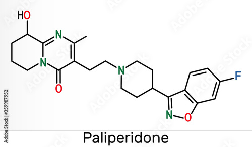 Paliperidone, 9-Hydroxyrisperidone molecule. It is atypical antipsychotic agent that is used in the treatment of schizophrenia. Skeletal chemical formula