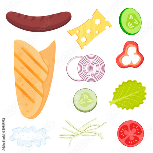 Vector flat illustration of ingredients for a hot dog. Fast Food Recipe. Pita bread, sausage, cheese, cheese sauce, onion rings, slices of pepper, tomato, cucumber, pickles, cabbage, lettuce
