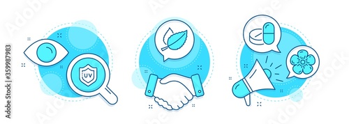 Natural linen, Medical drugs and Uv protection line icons set. Handshake deal, research and promotion complex icons. Mint leaves sign. Organic tested, Medicine pills, Skin cream. Mentha herbal. Vector