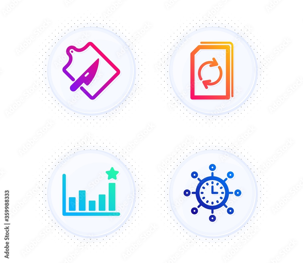 Update document, Cutting board and Efficacy icons simple set. Button with halftone dots. World time sign. Refresh file, Knife, Business chart. Measurement device. Business set. Vector Update document, Cutting board and Efficacy icons simple set. Button with halftone dots. World time sign. Refresh file, Knife, Business chart. Measurement device. Business set. Vector