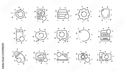 Backup, Restore data and recover file. Recovery line icons. Laptop renew, drive repair and phone recovery icons. Linear set. Geometric elements. Quality signs set. Vector