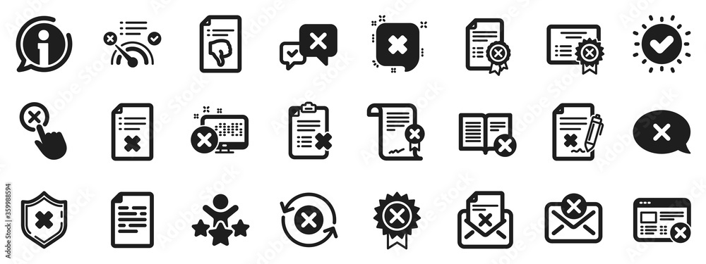 Set of Decline certificate, Cancellation and Dislike icons. Reject or cancel icons. Refuse, Reject stamp, Disapprove or cancel. Wrong agreement, delete certificate, checklist document. Vector Set of Decline certificate, Cancellation and Dislike icons. Reject or cancel icons. Refuse, Reject stamp, Disapprove or cancel. Wrong agreement, delete certificate, checklist document. Vector