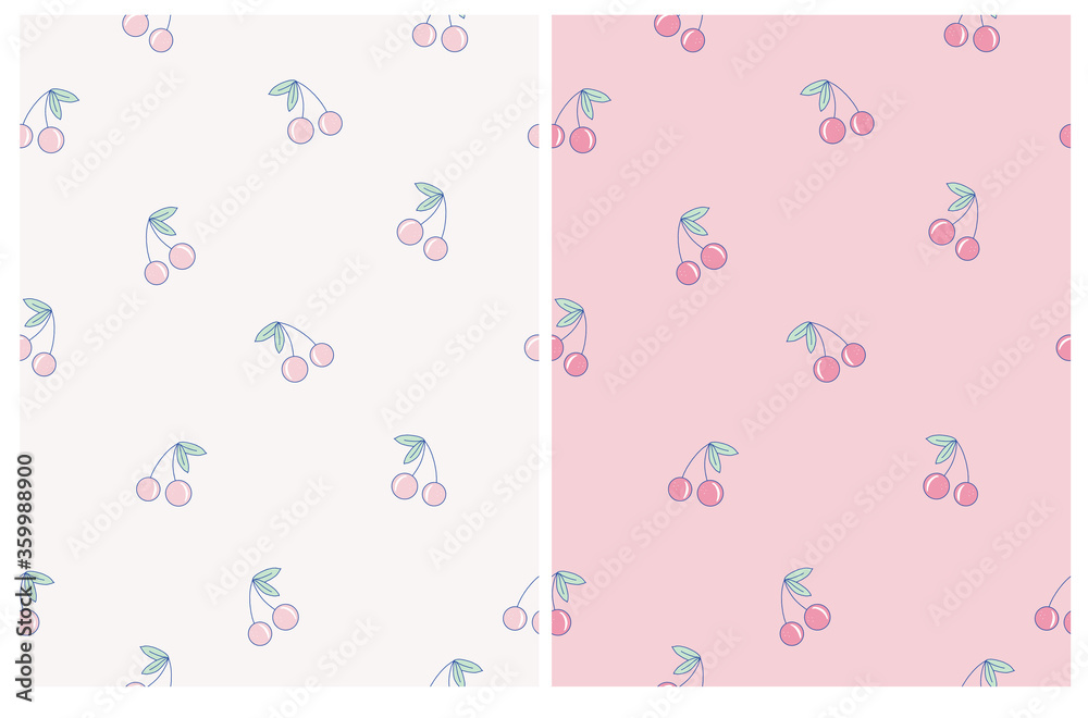 Simple Abstract Cherries Vector Pattern. Happy Pink Hand Drawn Cherriess Isolated on a Pastel Pink and Off-White Backgrounds. Funny Infantile Style Fruits Vector Print. Simple Abstract Cherries Vector Pattern. Happy Pink Hand Drawn Cherriess Isolated on a Pastel Pink and Off-White Backgrounds. Funny Infantile Style Fruits Vector Print.