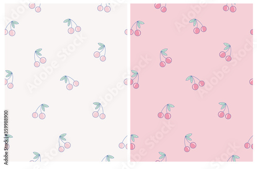 Simple Abstract Cherries Vector Pattern. Happy Pink Hand Drawn Cherriess Isolated on a Pastel Pink and Off-White Backgrounds. Funny Infantile Style Fruits Vector Print.
