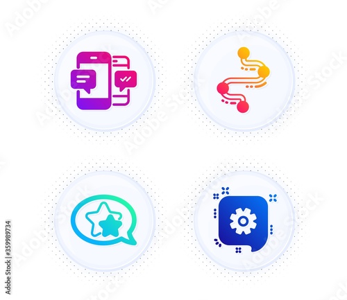 Star, Timeline and Smartphone sms icons simple set. Button with halftone dots. Cogwheel sign. Favorite, Journey path, Mobile messages. Engineering. Technology set. Gradient flat star icon. Vector