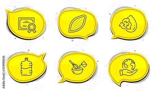 Cocoa nut sign. Diploma certificate, save planet chat bubbles. Cooking whisk, Recycle water and Cooler bottle line icons set. Cutlery, Refill aqua, Water drink. Vegetarian food. Vector