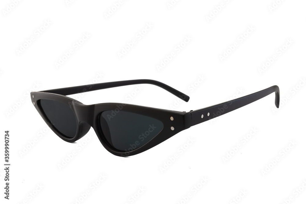 Black triangular cat eye sunglasses with thick frames and black matte lenses isolated on white background. Side View. Black triangular cat eye sunglasses with thick frames and black matte lenses isolated on white background. Side View.