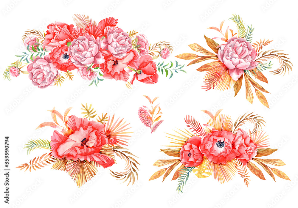  Boho floral tropical compositions, poppy and peony, dried palm leaves. Isolated elements on white background. Stock illustration. Hand painted in watercolor.