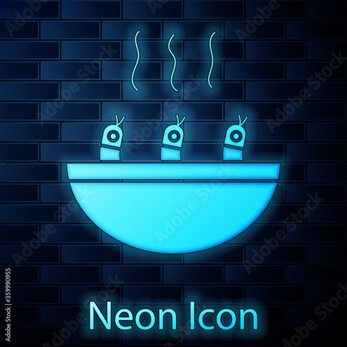 Glowing neon Soup with shrimps icon isolated on brick wall background. Tom yum kung soup.  Vector.