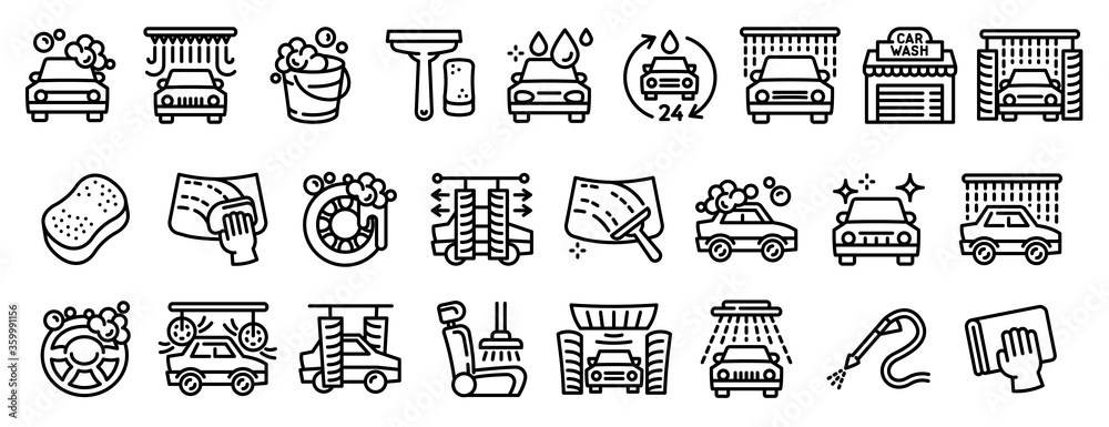 Car wash icons set. Outline set of car wash vector icons for web design isolated on white background Car wash icons set. Outline set of car wash vector icons for web design isolated on white background