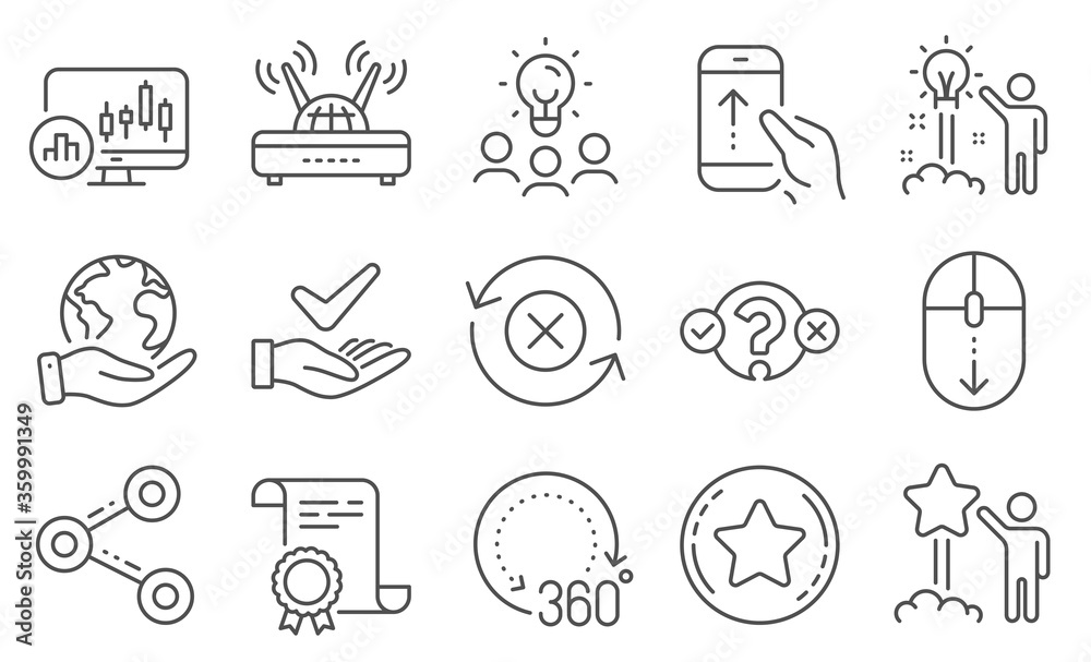 Set of Technology icons, such as 360 degrees, Wifi. Diploma, ideas, save planet. Scroll down, Dermatologically tested, Reject refresh. Creative idea, Share, Quiz test. Vector Set of Technology icons, such as 360 degrees, Wifi. Diploma, ideas, save planet. Scroll down, Dermatologically tested, Reject refresh. Creative idea, Share, Quiz test. Vector