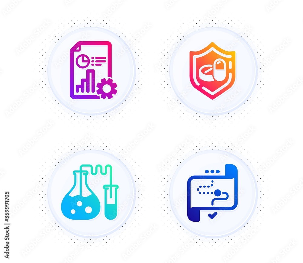 Medical tablet, Report and Chemistry lab icons simple set. Button with halftone dots. Target path sign. Medicine pill, Presentation document, Laboratory. Business aim. Business set. Vector