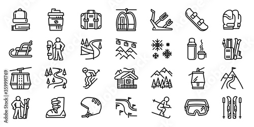 Ski resort icons set. Outline set of ski resort vector icons for web design isolated on white background photo