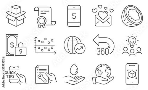 Set of Business icons, such as Private payment, Education. Diploma, ideas, save planet. 360 degrees, Augmented reality, Repair document. Smartphone payment, World statistics, Packing boxes. Vector