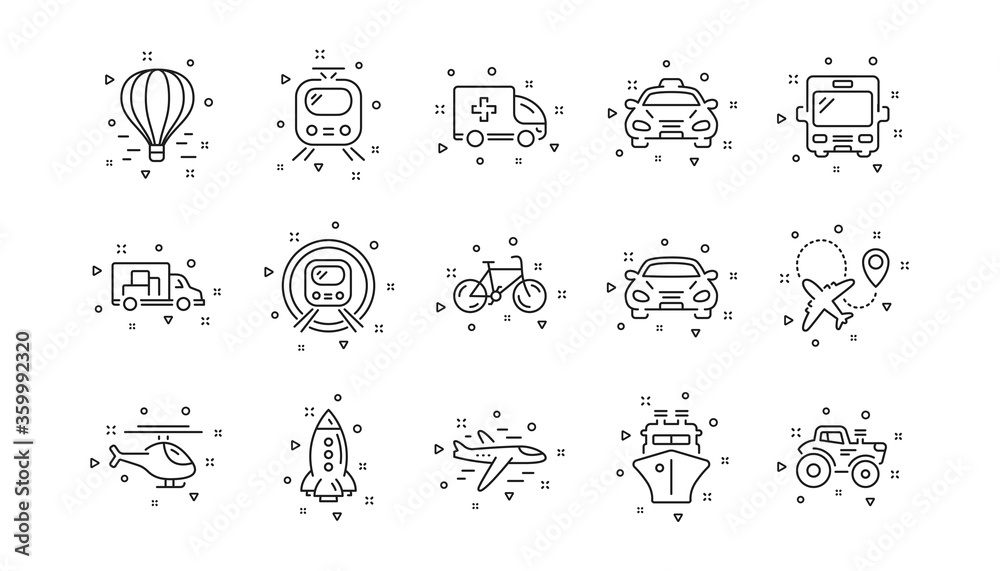 Taxi, Helicopter and Train. Transport line icons. Airplane linear icon set. Geometric elements. Quality signs set. Vector