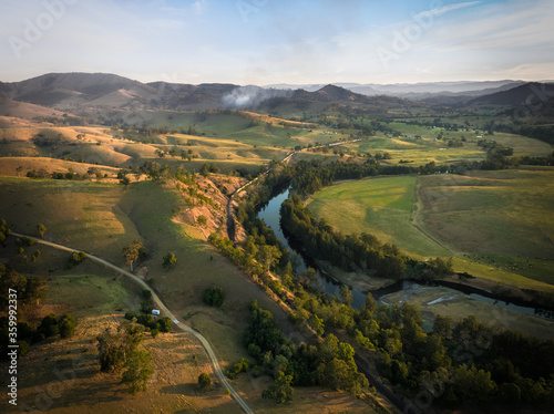 Elevated view of rural agricultural land and waterways