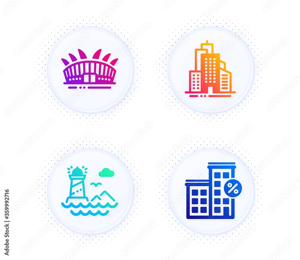 Lighthouse, Skyscraper buildings and Arena stadium icons simple set. Button with halftone dots. Loan house sign. Navigation beacon, Town architecture, Sport complex. Discount percent. Vector