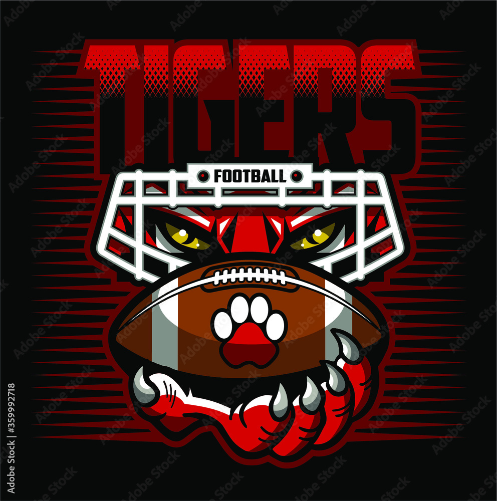 Naklejka premium tigers football team design with mascot, facemask and ball for school, college or league