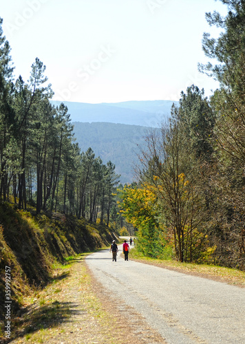 Dos mujeres peregrinas en el Camino de Santiago, Camino Sanabres desde Campobecerros hacia Laza, provincia de Orense, España photo
