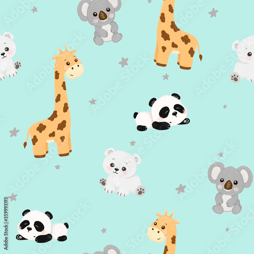 Seamless pattern for children, cute animals, koala, giraffe, polar bear, panda, stars