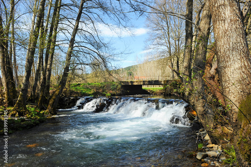 Cascada y puente del río Cereixo en el bosque cerca de Laza, un pueblo de la provincia de Ourense, Galicia, España