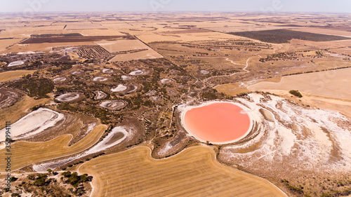 Aerial view of pink salt lake and agricultural land