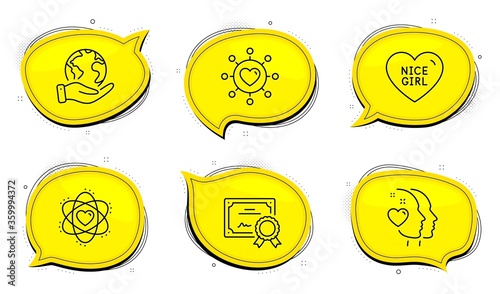Atom sign. Diploma certificate, save planet chat bubbles. Dating network, Heart and Nice girl line icons set. Relationships network, Love head, Love heart. Electron. Love set. Vector