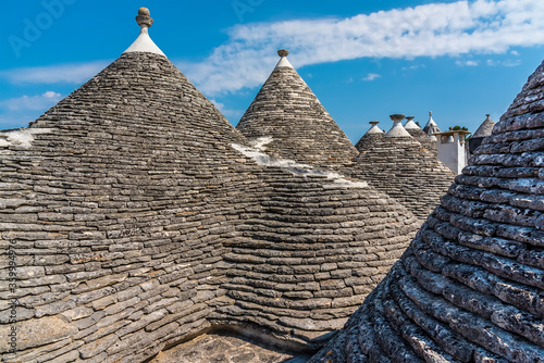 The roofs of Trulli buildings in Alberobello  Bari  Italy showing the dry-stone construction technique