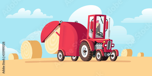 Wrapping baler. Agricultural machinery for harvesting. There are rolls of hay in the field. Red tractor in cartoon style. Rural landscape. Vector illustration.