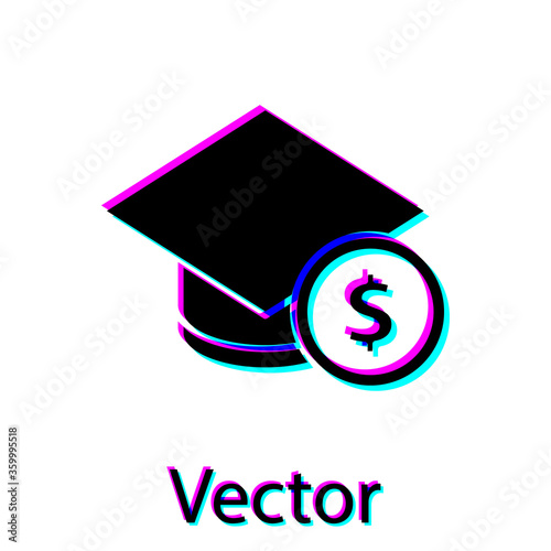 Black Graduation cap and coin icon isolated on white background. Education and money. Concept of scholarship cost or loan, tuition or study fee.  Vector.