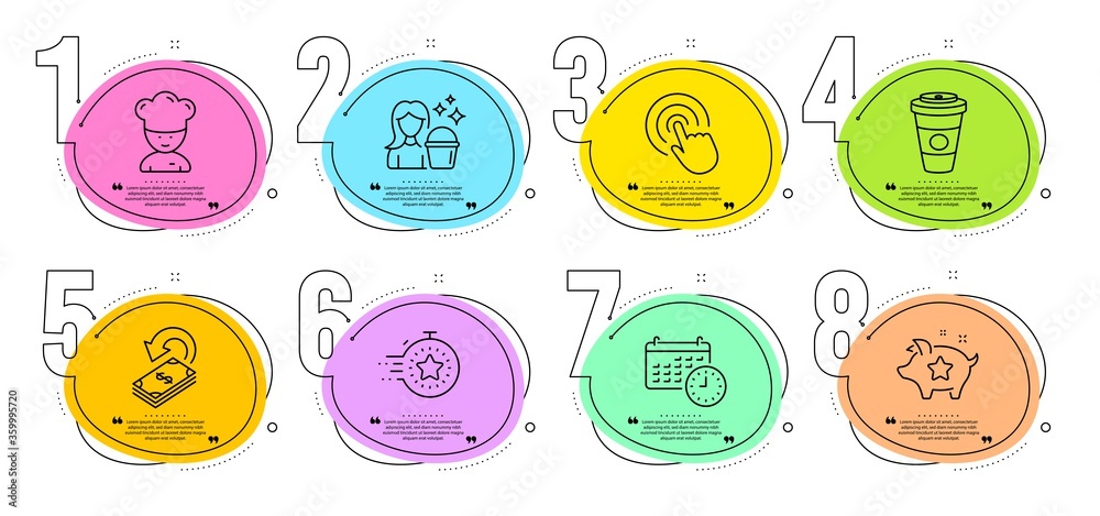 Timer, Loyalty points and Takeaway coffee signs. Timeline steps infographic. Cashback, Calendar and Cleaning line icons set. Click, Cooking chef symbols. Financial transfer, Time. Business set. Vector Timer, Loyalty points and Takeaway coffee signs. Timeline steps infographic. Cashback, Calendar and Cleaning line icons set. Click, Cooking chef symbols. Financial transfer, Time. Business set. Vector