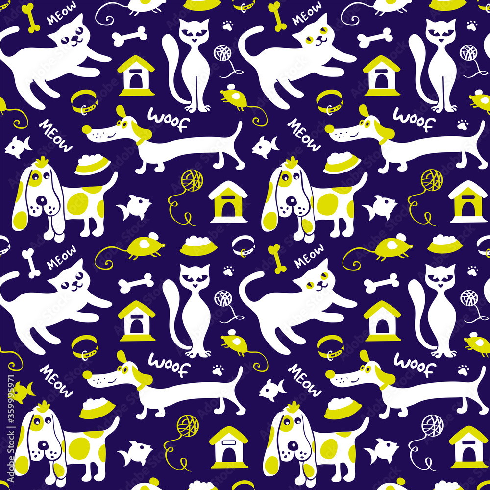 Cats and dogs cartoon seamless pattern 