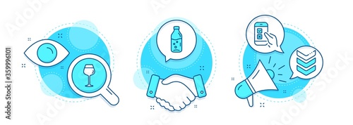Bordeaux glass, Mobile survey and Shoulder strap line icons set. Handshake deal, research and promotion complex icons. Water bottle sign. Wine glass, Phone quiz test, Army rank. Soda drink. Vector