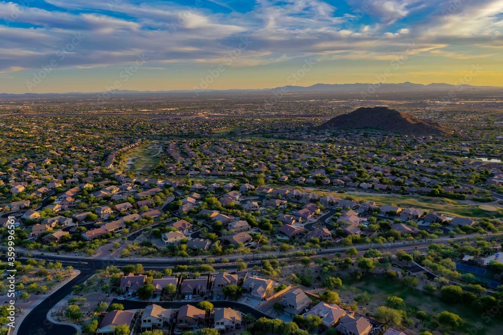 A aerial view during sunset of Las Sendas a golf community in east Mesa Arizona.
